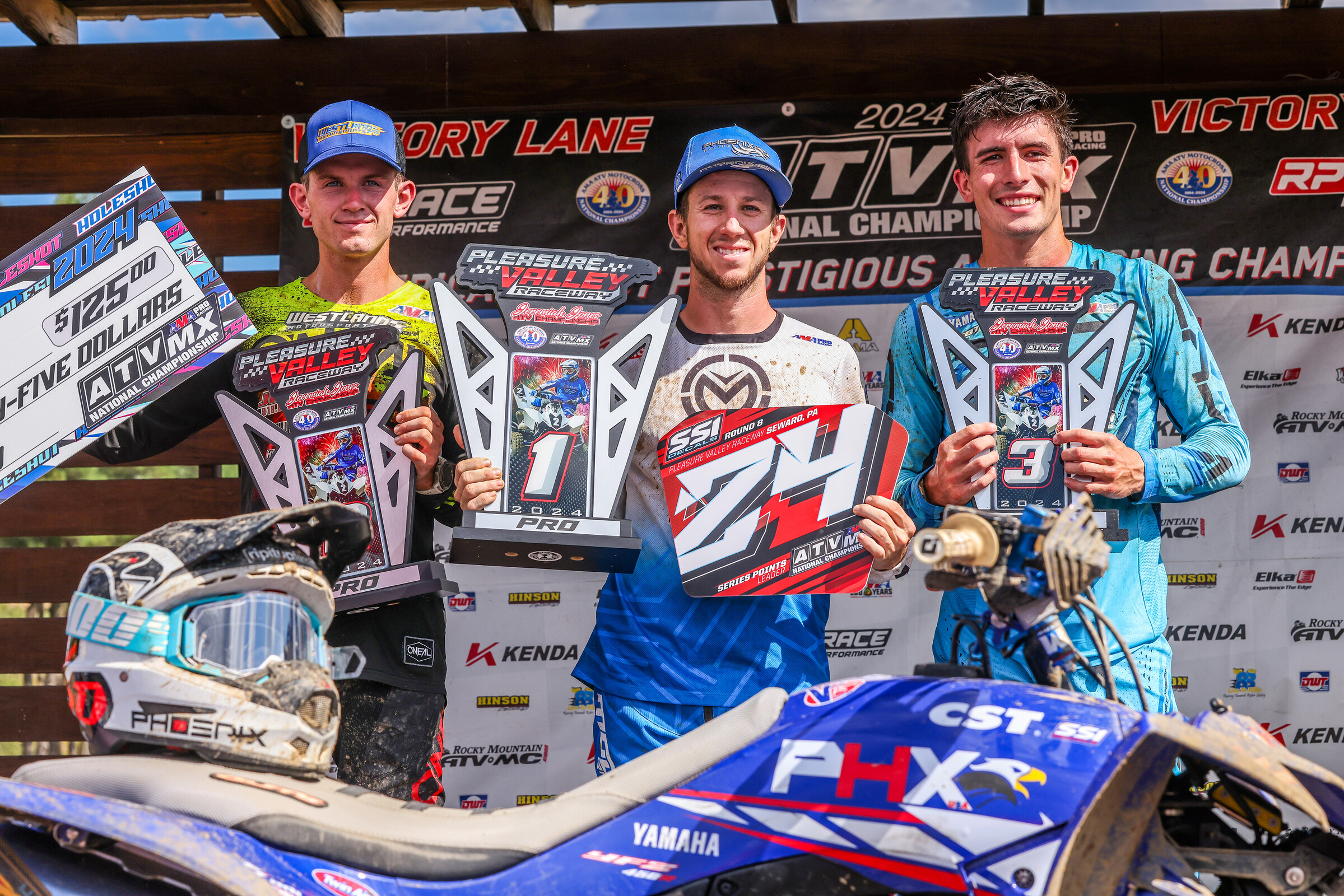 Pleasure Valley ATVMX National Championship Top Three Overall: Joel Hetrick (center), Brandon Hoag (left) and Bryce Ford (right).