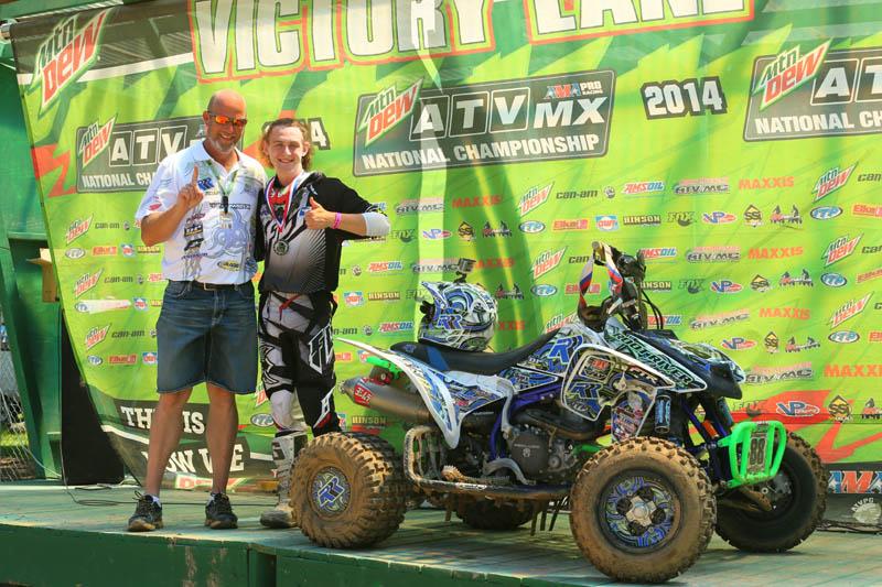 Alexander Gillette (right) put his No. 88 Root River Racing-backed Honda, equipped with ITP tires, atop the 450 B class podium in Minnesota.