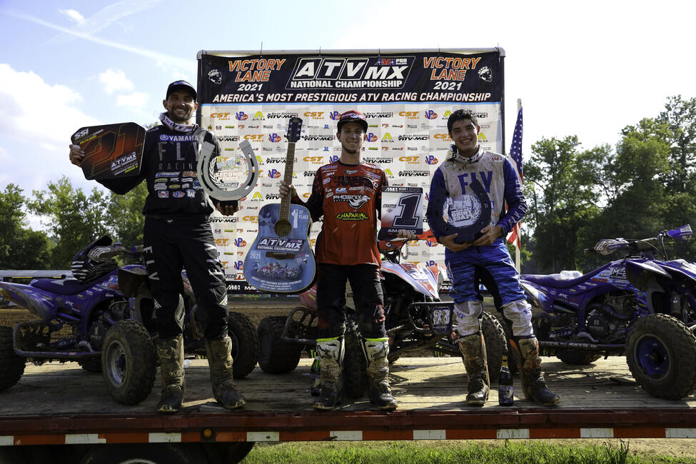 Joel Hetrick (center), Chad Wienen (left) and Max Lindquist (right) rounded out the top three overall at Loretta Lynn's ATVMX National. Photo: Josh Cline