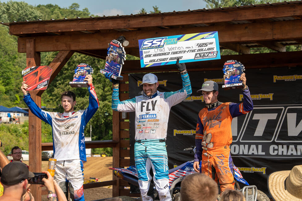 Chad Wienen (center), Joel Hetrick (left) and Brandon Hoag (right) would round out the top three AMA Pro Overall finishers at the Pleasure Valley ATVMX National.