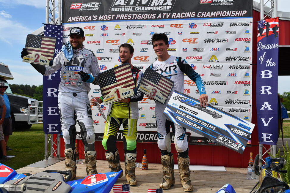 Hetrick (center), Wienen (left) and Ford (right) rounded out the Sunset Ridge ATVMX National top three overall finishers.