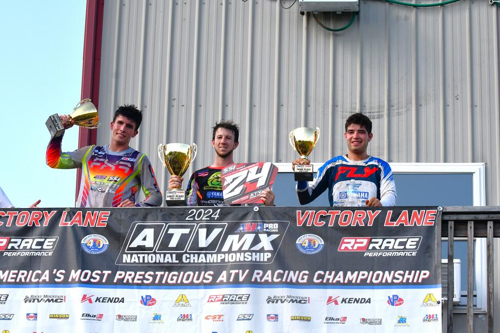 Joel Hetrick (center), Bryce Ford (left) and Max Lindquist (right) rounded out the High Point ATVMX National top three overall.