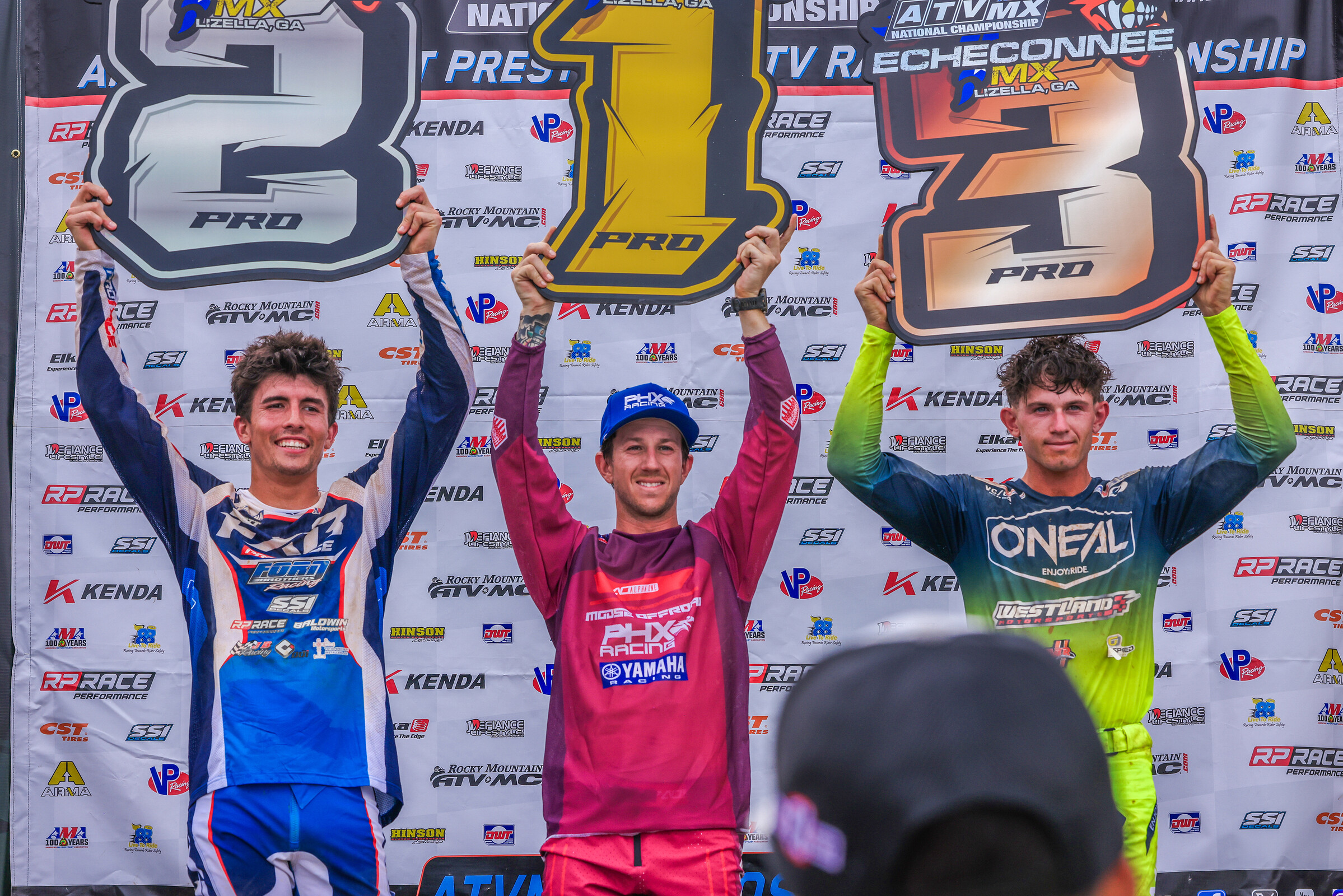 Echeconnee ATVMX National Top Three Overall: Joel Hetrick (center), Bryce Ford (left) and Brandon Hoag (right).