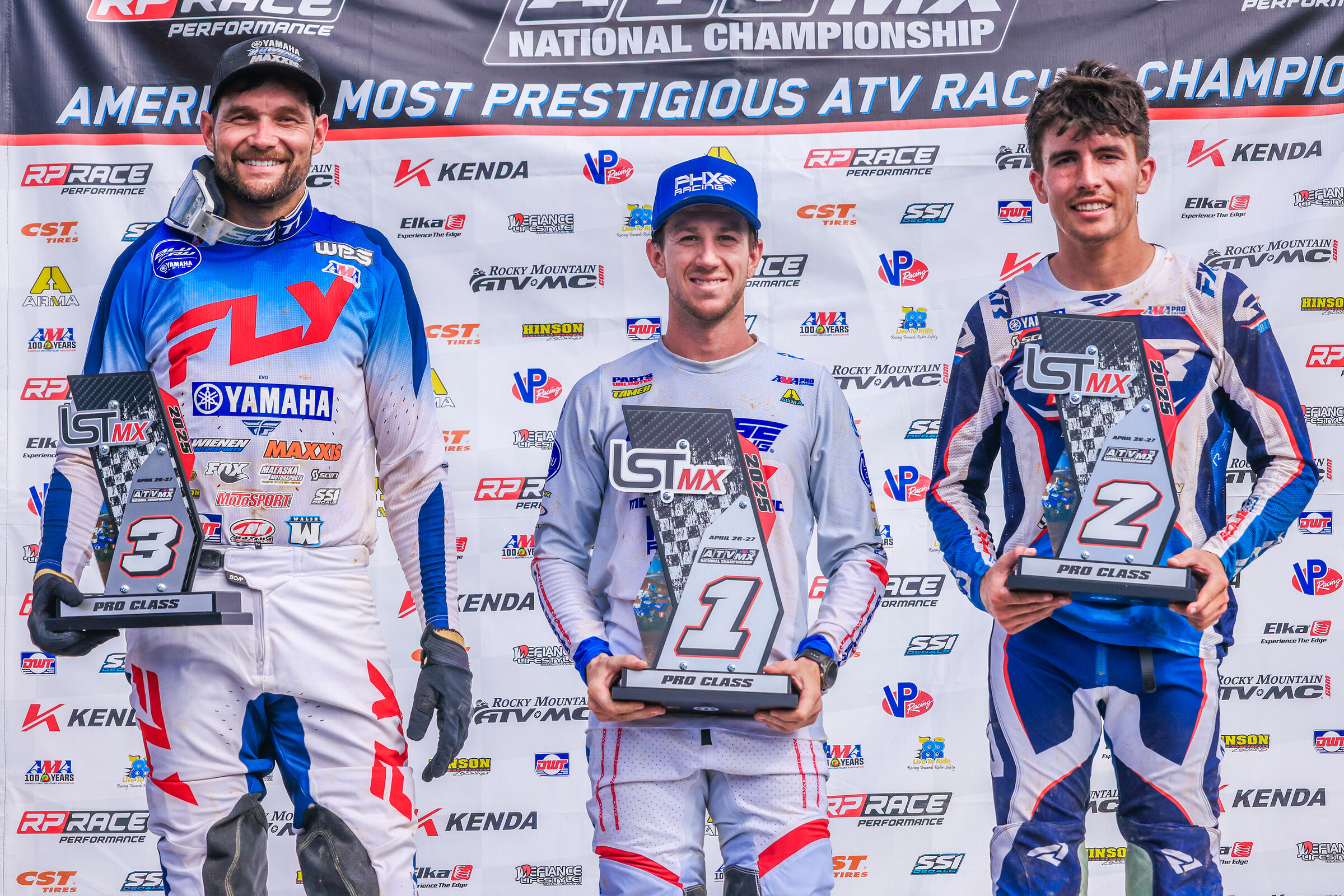 Lake Sugar Tree ATVMX National Top Three: Joel Hetrick (center), Bryce Ford (right) and Chad Wienen (left).