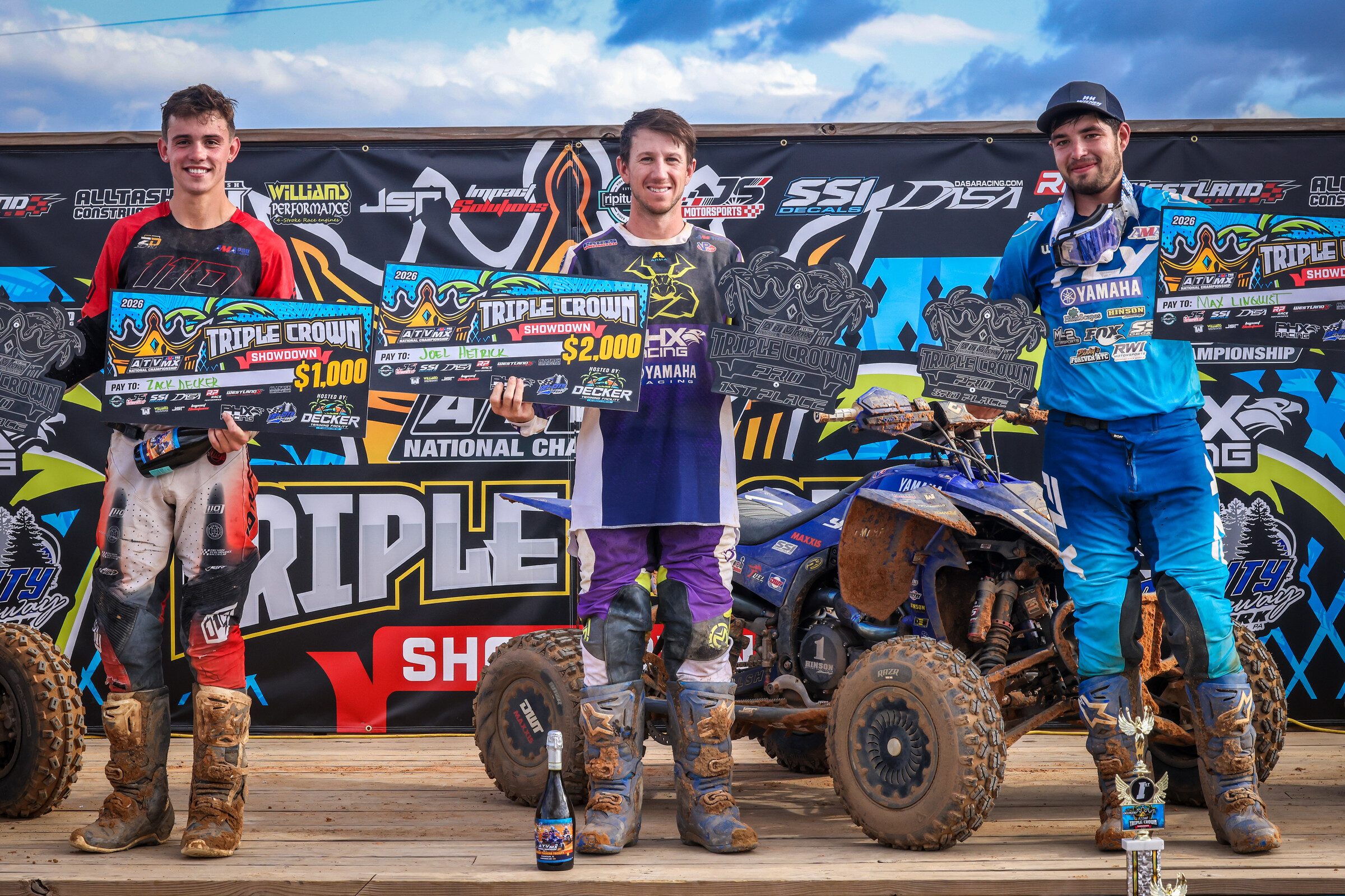 Decker's Training Facility ATVMX Top Three: Joel Hetrick (center), Zack Decker (left) and Max Lindquist (right).
