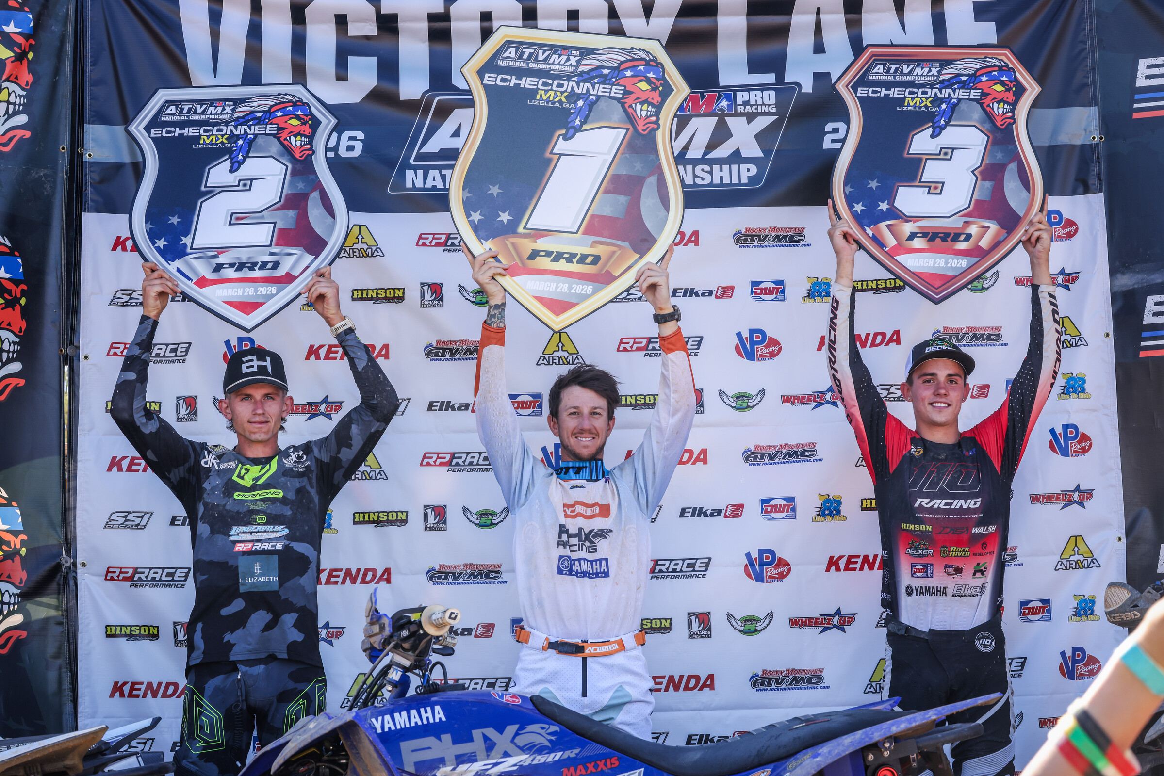 Echeconnee ATVMX AMA Pro Top Three: Joel Hetrick (center), Brandon Hoag (left) and Zack Decker (right).