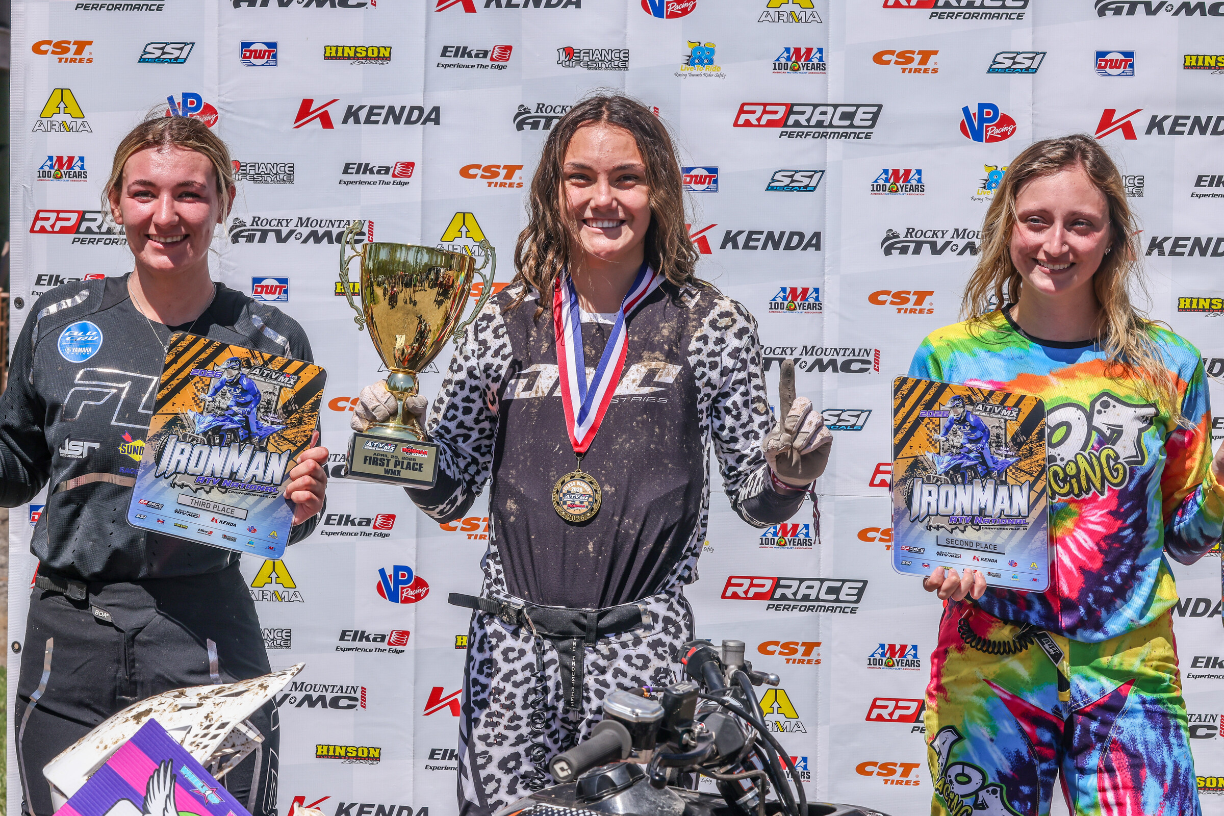 The IronWoman ATVMX National WMX Top Three Overall: Lillian Plaza (center), Shelby Cobrando (right) and Layne Fryar (left).&nbsp;