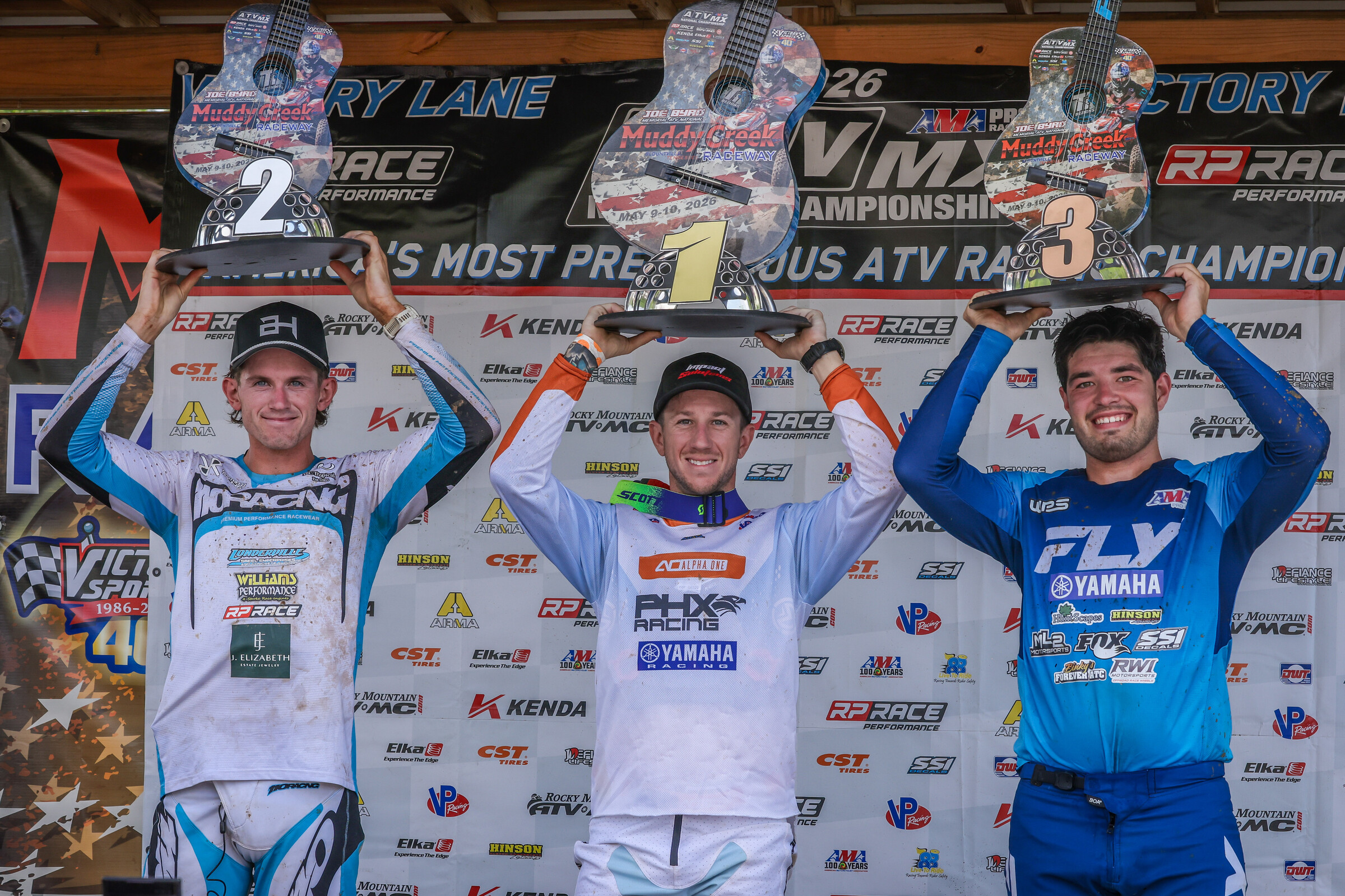 Muddy Creek ATVMX National Top Three: Joel Hetrick (center), Brandon Hoag (left) and Max Lindquist (right).
